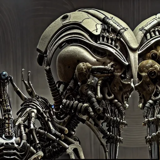 Image similar to still frame from Prometheus movie by giger, necron lord editorial by Malczewski, biomechanical armoured knight by Wayne Barlowe, ornate elaborate complex artifact of death