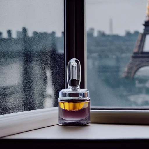 Prompt: perfume bottle on window sill in warm cosy feminine room room with a view of paris eiffel tower, up close shot, sharp focus, zen, clean, modern minimalist, octane highly render, 4 k, ultra hd,