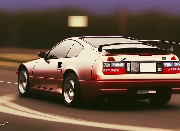 Prompt: Nissan 300ZX Z32 1999 racing down high way night time japan film photo motion blur front side view ((((Wadim Kashin Wenjun Lin))))