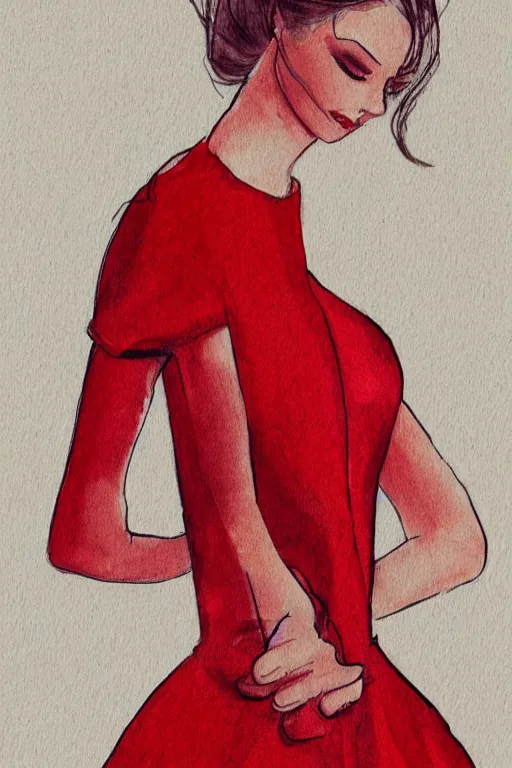 Image similar to a detailed fashion illustration of woman in red dress