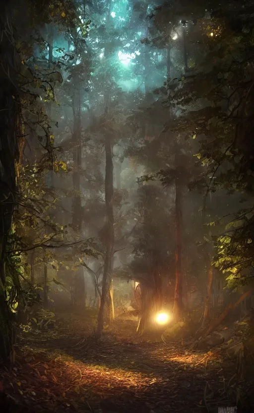 Image similar to a door opening with an ambient light in the forest at night, dynamic lighting, photorealistic fantasy concept, trending on art station stunning, stunning visuals, creative, cinematic, ultra detailed