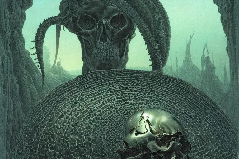 Image similar to intricate, smooth, large metallic skull atop coil of smooth spinal columns, inside a dark room, style by caspar david friedrich and wayne barlowe and ted nasmith.