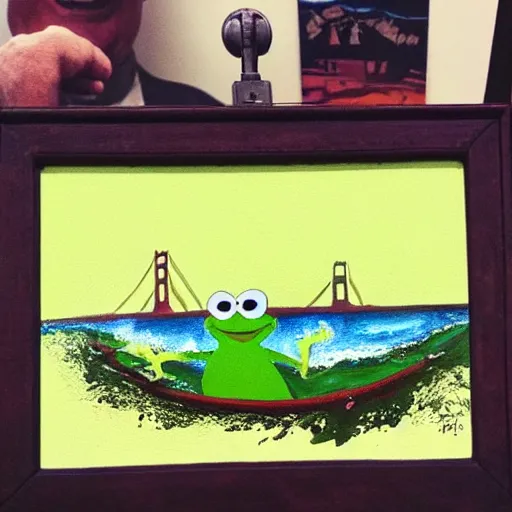 Prompt: “Painting of Kermit the Frog doing a cannonball off of the Golden Gate Bridge, by Bob Ross”