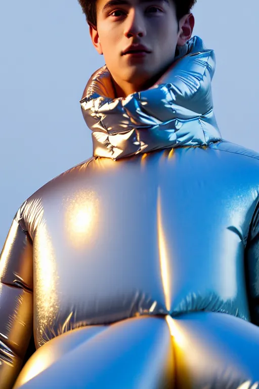 Image similar to un ultra high definition studio quality photographic art portrait of a young man standing on the rooftop of a british apartment building wearing soft baggy inflatable padded silver iridescent pearlescent clothing. three point light. extremely detailed. golden ratio, ray tracing, volumetric light, shallow depth of field. set dressed.