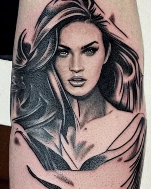 Image similar to creative double exposure effect tattoo design sketch of megan fox with beautiful mountains, realism tattoo, in the style of andrey lukovnikov, amazing detail, sharp