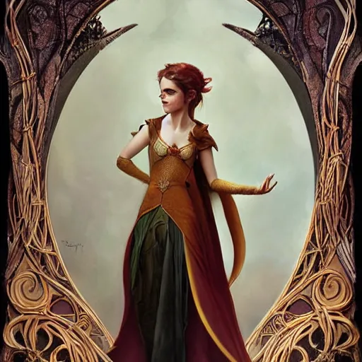 Prompt: Studio portrait of Emma Watson as a fantasy elf, art nouveau, Tom Bagshaw