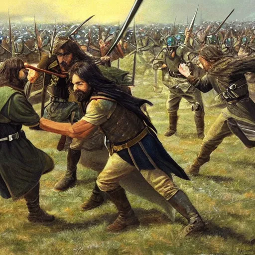 Prompt: oil painting of aragorn fighting against modern soldiers