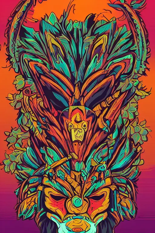 Image similar to animal mask totem roots flower tribal feather gemstone plant wood rock shaman vodoo video game vector cutout illustration vivid multicolor borderlands comics by josan gonzales and dan mumford radiating a glowing aura