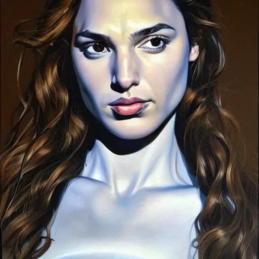Prompt: a striking hyper real painting of Gal Gadot by Jeffrey Smart.