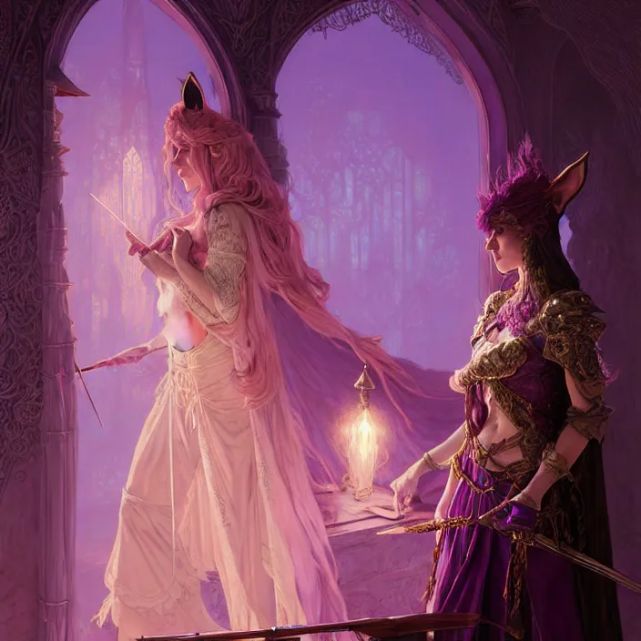 Image similar to veiled d & d bard with her lilac leather armor in a fantasy inn, volumetric lighting, fantasy, intricate, elegant, highly detailed, lifelike, photorealistic, digital painting, artstation, fox ears illustration, concept art, sharp focus, byalbert aublet and krenz cushart and artem demura and alphonse mucha