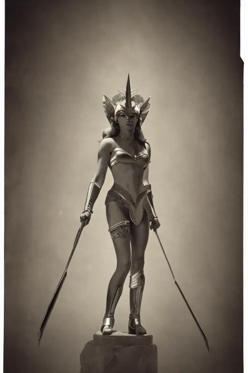 Image similar to she - ra, portrait, full body, symmetrical features, silver iodide, 1 8 8 0 photograph, sepia tone, aged paper, sergio leone, master prime lenses, cinematic