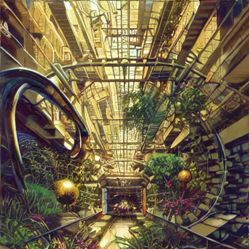 Image similar to steampunk walkway garden geometric hyper realism airbush digital art detailed by john berkey, paul lehr, syd mead, m. c. escher, james christensen, wlop, artgerm, frank gehry