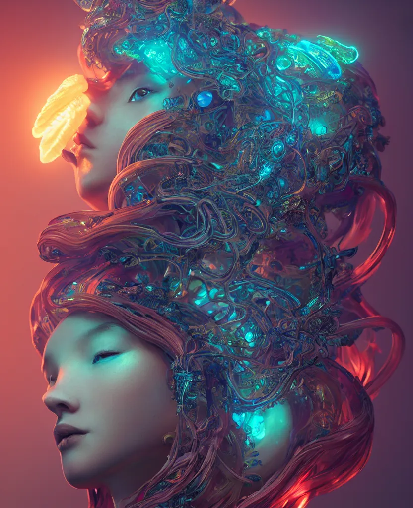 Image similar to goddess close-up portrait. chimera orchid jellyfish phoenix head, nautilus, skull, betta fish, bioluminiscent creatures, intricate artwork by Tooth Wu and wlop and beeple. octane render, trending on artstation, greg rutkowski very coherent symmetrical artwork. cinematic, hyper realism, high detail, octane render, 8k