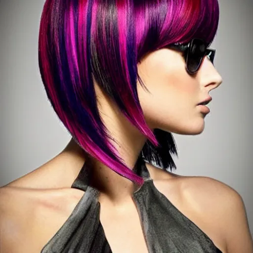 Image similar to avant runway hairstyle professional designer hair bangs, salon photography, bold colors, high details