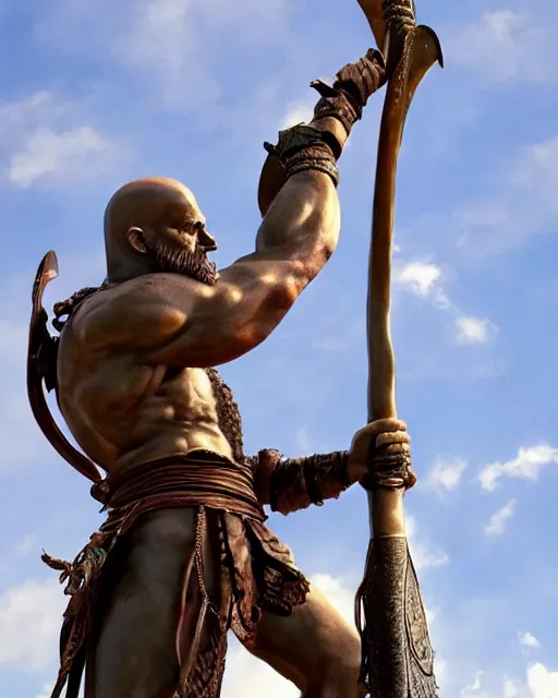 Image similar to a gigantic 1 0 0 0 foot bronze statue of a kratos holding his spear and shield, god of war, fantasy landscape, thousands of tiny onlookers, photorealistic, atmospheric