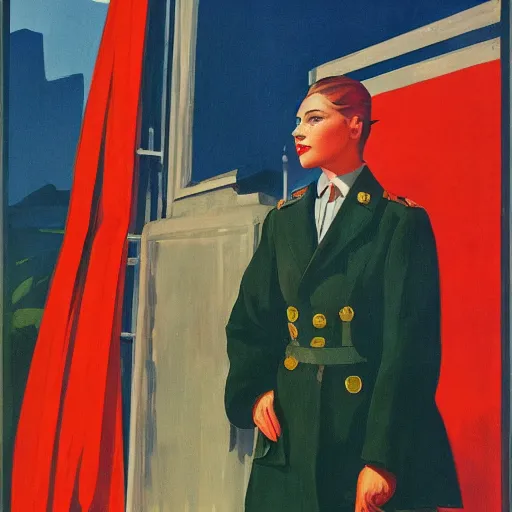 Image similar to highly detailed propaganda poster portrait of the leader of fascist hungary, barbara palvin looking into the distance, fashion items in the background, by edward hopper