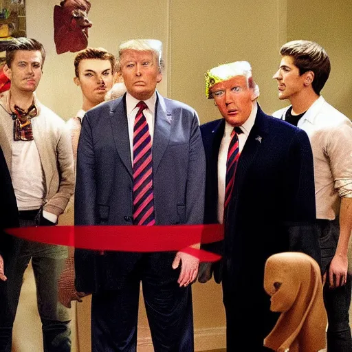 Image similar to a scene from the tv show, the boys, featuring donald trump as homelander.