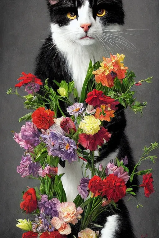 Prompt: medium - shot, black with white stripes fur curious cat, symmetrical, beautiful, colourful flowers bouquet, cinematic lighting, highly detailed, digital art, oil painting, highly detailed, sharp focus, matte painting, renaissance painting, by kinkade, by alphonse mucha, by leyendecker, by rutkowsky,