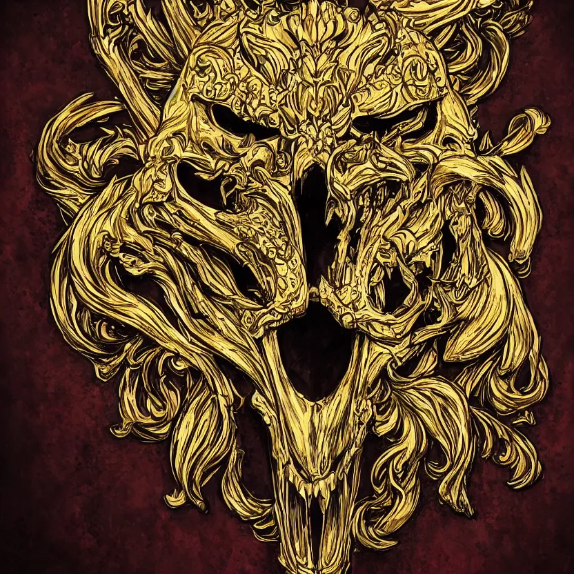 Image similar to photo of wolf skull on bones, dramatic lighting, circural, golden ornaments, symmetric, intricate skeletal decorations, symmetry, highly detailed, concept art, black, glimpse of red, white, gold layers, centered, style of nekroxiii, hyperrealistic, black background, smoke