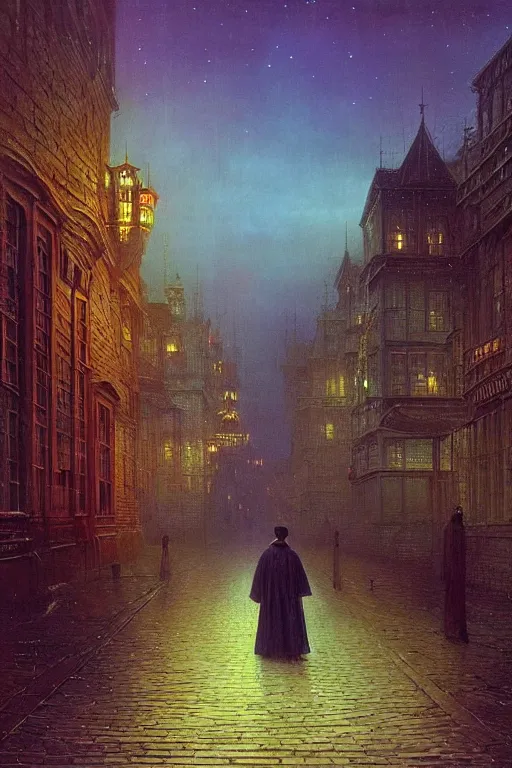 Image similar to the king in disguise, walking through the streets of the city of blood and prisms, night skies, dramatic light, hyperrealistic, colorful skies, digital art, vray, john atkinson grimshaw, ivan aivazovsky