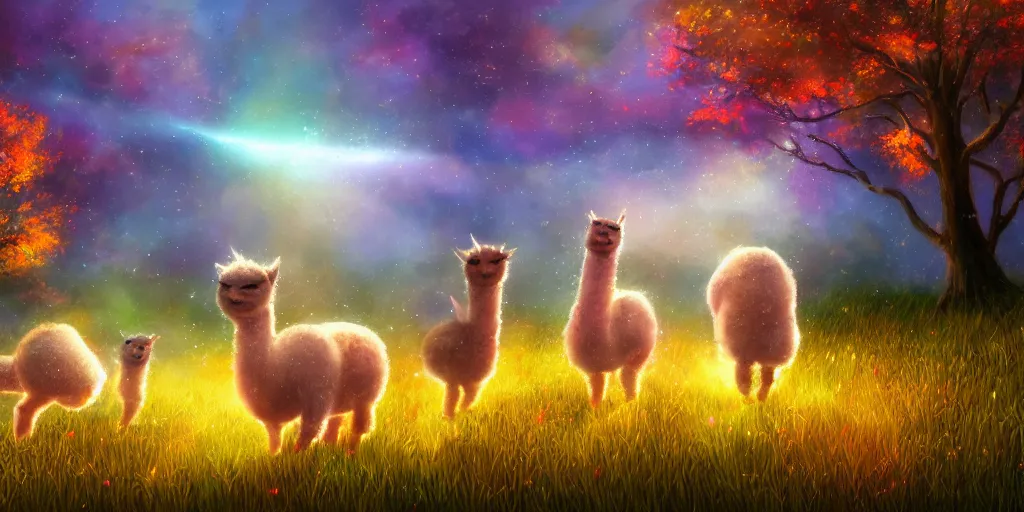 Image similar to magical fairy alpacas frolicking in a field, autumn, sparkles, illustration, light beams, digital art, oil painting, fantasy, 8 k, trending on artstation, detailed