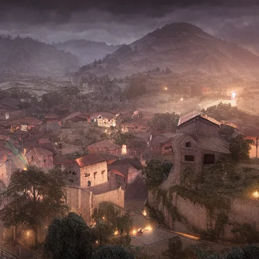 Image similar to the center of a poor medieval town under heavy rain at late dawn, in a valley, surrounded by mountains, highly detailed, octane render, ultra detailed cinematic, 8 k, widescreen, 1 6 : 9, hd