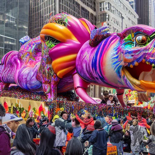 Image similar to photo of giant parade float by lisa frank and hr giger in the macys thanksgiving parade, detailed 4 k photo