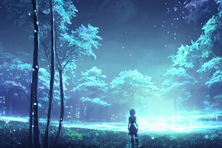 Image similar to scenery artwork, scene beautiful, light essence bioluminescent acrylic and cold nier automata pixiv scenery artwork : nature dream wire vegetation magic density infinite, macro seminal dream points of icy, frozen vaporwave shards tempted to turn into a dream scenery, high quality topical render, nier automata, concept art