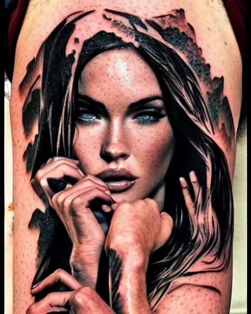 Image similar to double exposure effect tattoo design sketch of megan fox with amazing mountain scenery, realism tattoo, in the style of den yakovlev, amazing detail, sharp