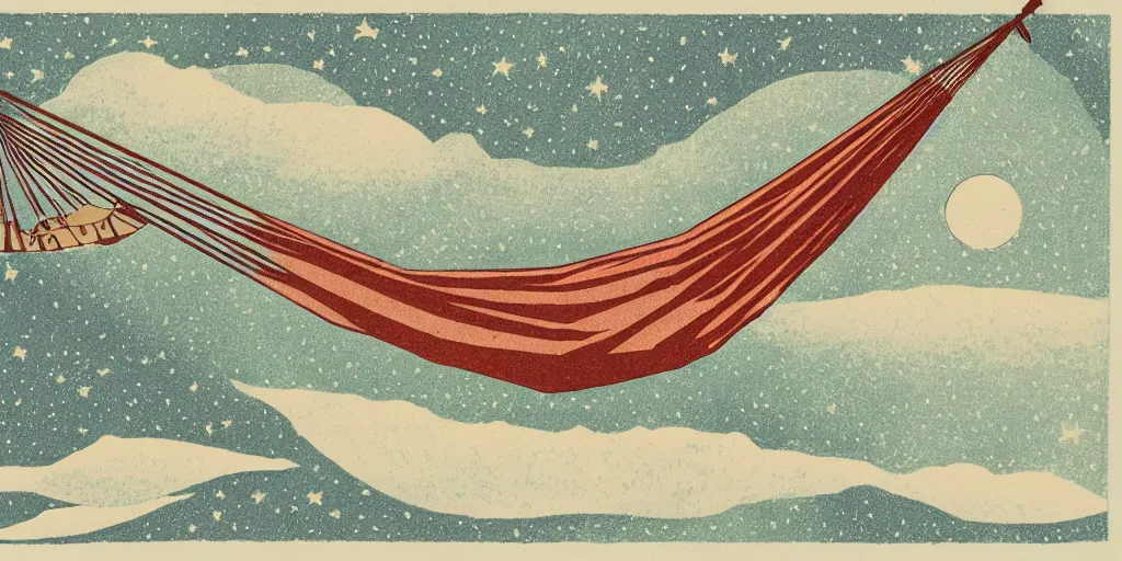 Prompt: a hammock under the stars, 1940s faded risograph print, illustration, limited color palette, earthtones, double-exposure, astrophotography