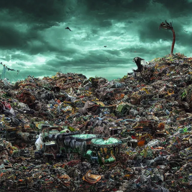 Image similar to a machine made of rubbish with long arms devours other rubbish and creatures in a giant rubbish heap full of strange and terrifying creatures, under a dark green sky in the distance, bones, corpses, monsters, hell, distorted, creepy, by dan seagrave, cinematic photography, cinematic, ue 5, realistic, sci - fi