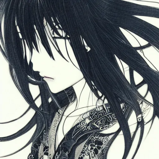 Prompt: yoshitaka amano blurred and dreamy illustration of an anime girl with black eyes, wavy white hair fluttering in the wind wearing elden ring armor and engraving, abstract black and white patterns on the background, noisy film grain effect, highly detailed, renaissance oil painting, weird portrait angle, blurred lost edges, three quarter view, blue and white color palette