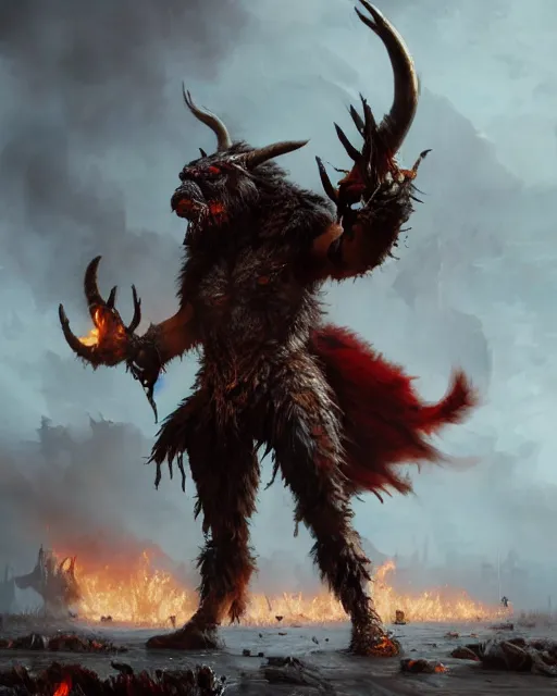 Image similar to oil painting of Angry Anthropomorphized Cow Berserker, wearing fur armor, claws, sharp focus, attack pose, fantasy style, octane render, volumetric lighting, 8k high definition, by greg rutkowski, highly detailed, trending on art Station, magic the gathering artwork, burning Battlefield background, centered