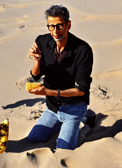 Image similar to jeff goldblum with a finger in a banana on the sand of a beach