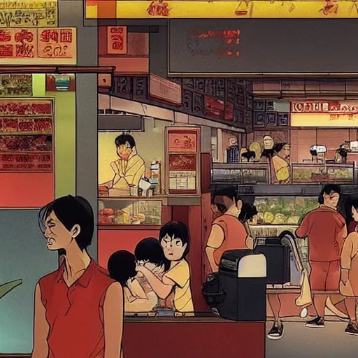 Image similar to a singaporean kopitiam, by satoshi kon