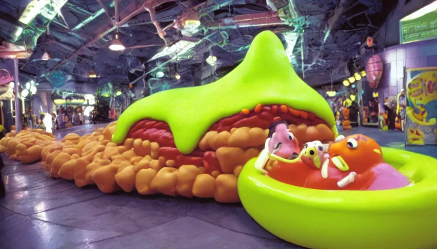 Image similar to 1990s photo of inside the Slime Friends Snow Potato Show ride at Universal Studios in Orlando, Florida, riding a hotdog through a dinner plate world, cinematic, UHD