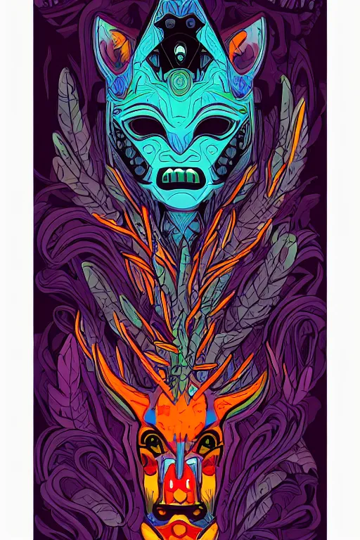 Prompt: totem animal mask tribal feather gemstone plant wood rock shaman vodoo video game vector cutout illustration vivid color borderlands comics by josan gonzales and dan mumford radiating a glowing aura
