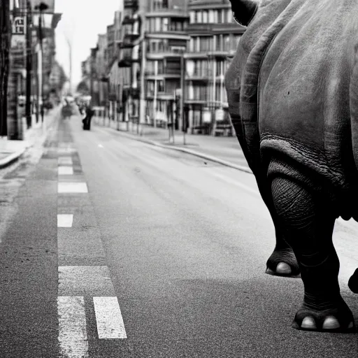 Image similar to photograph of a rhinoceros running down a street