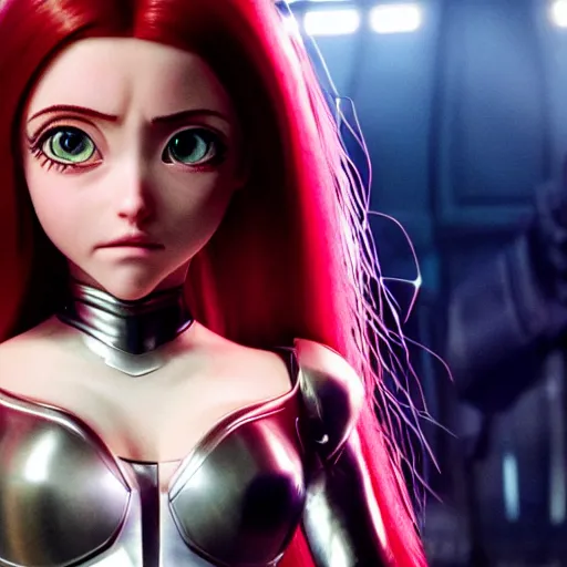 Prompt: cinematic still of red - haired ariana grande in alita : battle angel ( 2 0 1 9 ), xf iq 4, f / 1. 4, iso 2 0 0, 1 / 1 6 0 s, 8 k, raw, dramatic lighting, symmetrical balance, in - frame