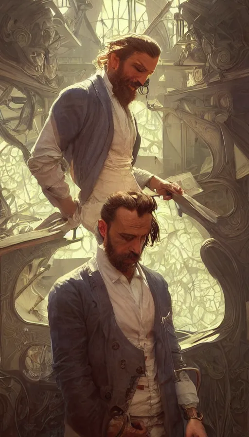 Prompt: tailor on the market, man, sweaty, insane, intricate, highly detailed, digital painting, artstation, concept art, smooth, sharp focus, illustration, Unreal Engine 5, 8K, art by artgerm and greg rutkowski and alphonse mucha