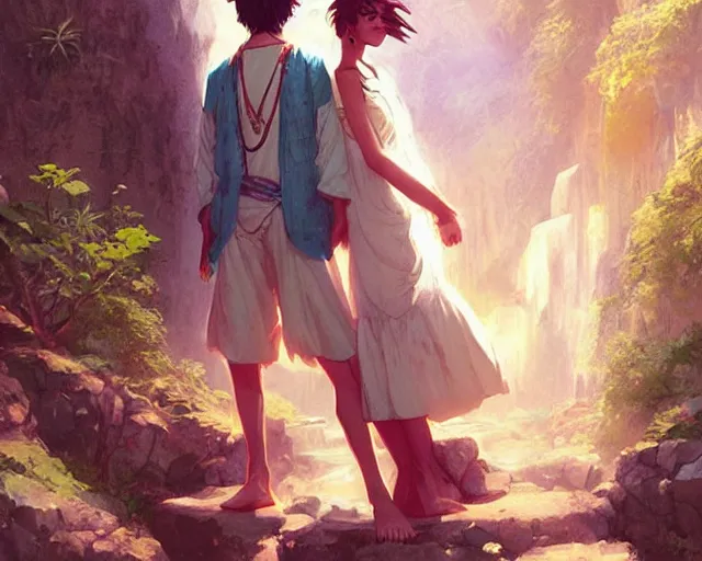 Image similar to a cinematic boy girl traditional romance moment, exploring the caves boho clothing, full body illustration, bestselling movie art poster, official media, 1970s fashion, dynamic lighting official anime media, incredible art by artgerm and greg rutkowski