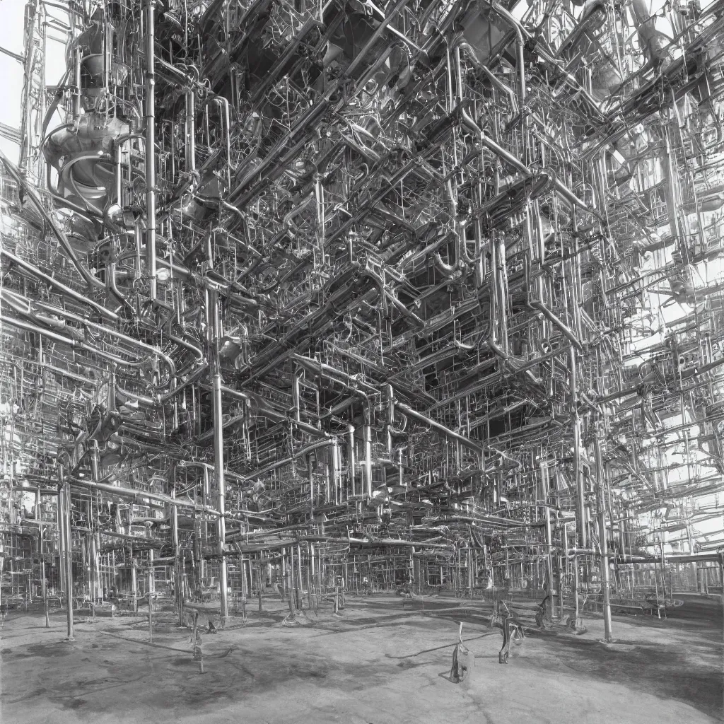 Prompt: A huge extraction machine with transparent pipes works the ground in dust and iridescent oil, close-up, Bernd and Hilla Becher, alien 1979