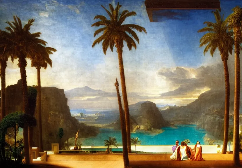 Image similar to The highest palace ever made, thunderstorm, greek pool, beach and palm trees on the background major arcana sky, by paul delaroche, hyperrealistic 4k uhd, award-winning very detailed