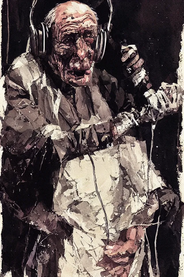 Prompt: Portrait of old age grandpa granny wearing a latex gimp suit, wearing headphones and a bone in hand by bill sienkiewicz