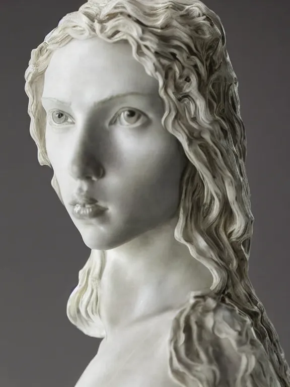 Image similar to a dramatically lit art nouveau white marble and silver portrait sculpture of a very young scarlett johansson as joan of arc, delicate, intricate, smooth, beautiful, glowing, by charles van der stappen