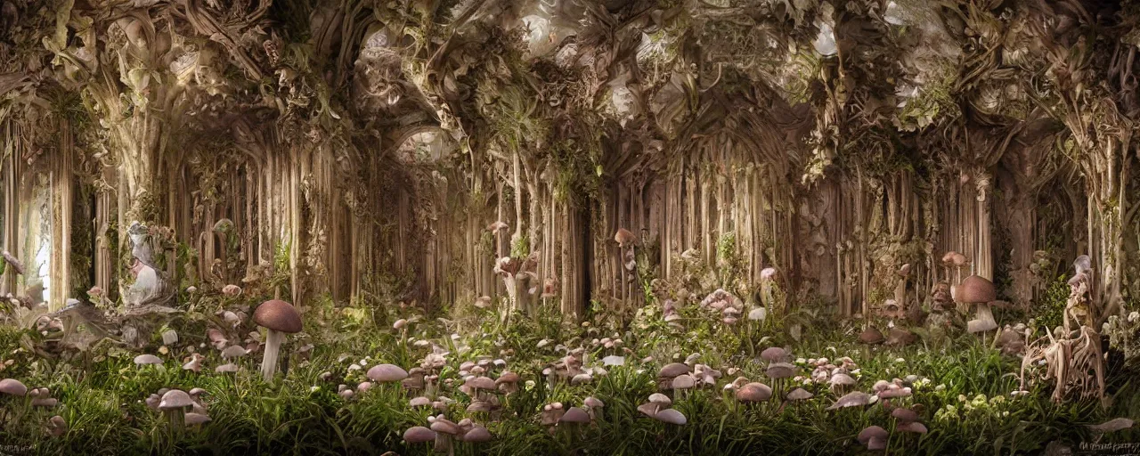 Image similar to hyperrealistic photo of the unseelie court gothic throne room mushrooms and flora