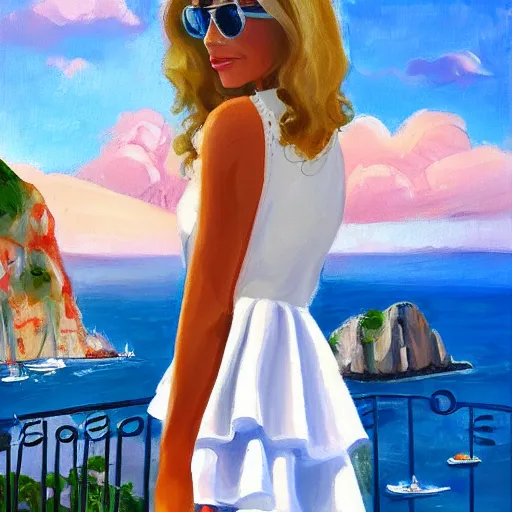 Image similar to slim cruel girl in wavy dress with white bob hair, elegant in italy, capri coast, sea, sunny day, summer, clouds on the sky, oil painting style,