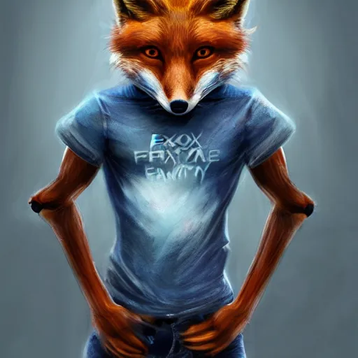 Image similar to A fox wearing a t-shirt and jeans, energetic, dynamic, digital art, highly detailed, FurAffinity, digital fantasy art, 3d