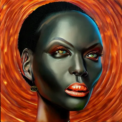 Prompt: a realistic oil painting of a black woman as a cybernetic cyborg, surrealism portrait, surrealism album cover