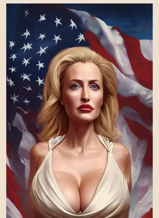 Prompt: lindsey pelas as gillian anderson the president of united states, digital painting, artstation, concept art, sharp focus, illustration, art by artgerm and greg rutkowski and alphonse mucha